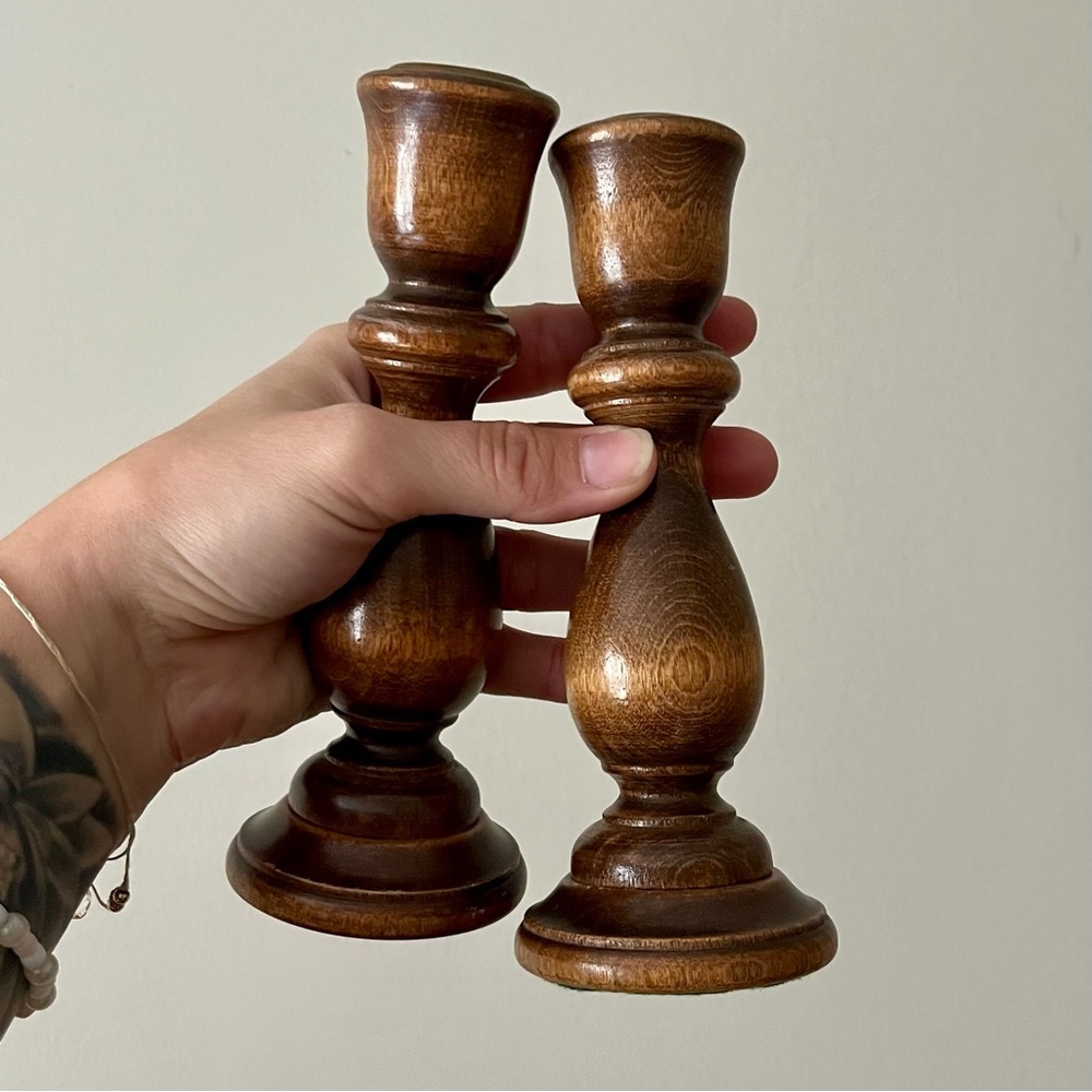 Vintage Set of 2 Wooden Candlesticks Taper Candle Holder Pair - Picture 2 of 7